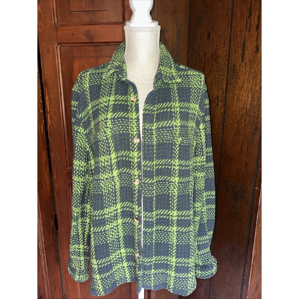 Womens Urban Outfitters Lime Navy Plaid Twill Button Down Shirt Sz Medium Jacket